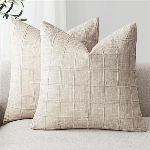Set of 2 Decorative Linen Check Throw Pillow Covers Neutral - Picture 1 of 8